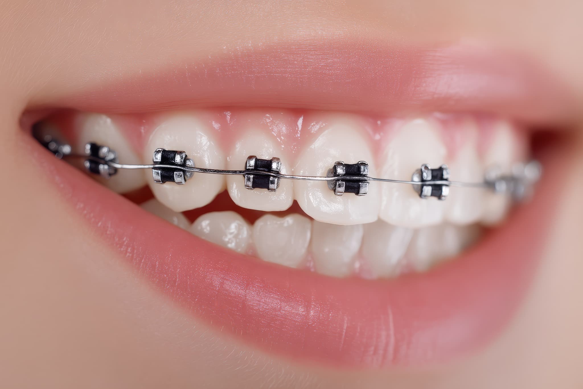 ワイヤー矯正中の女性の口元