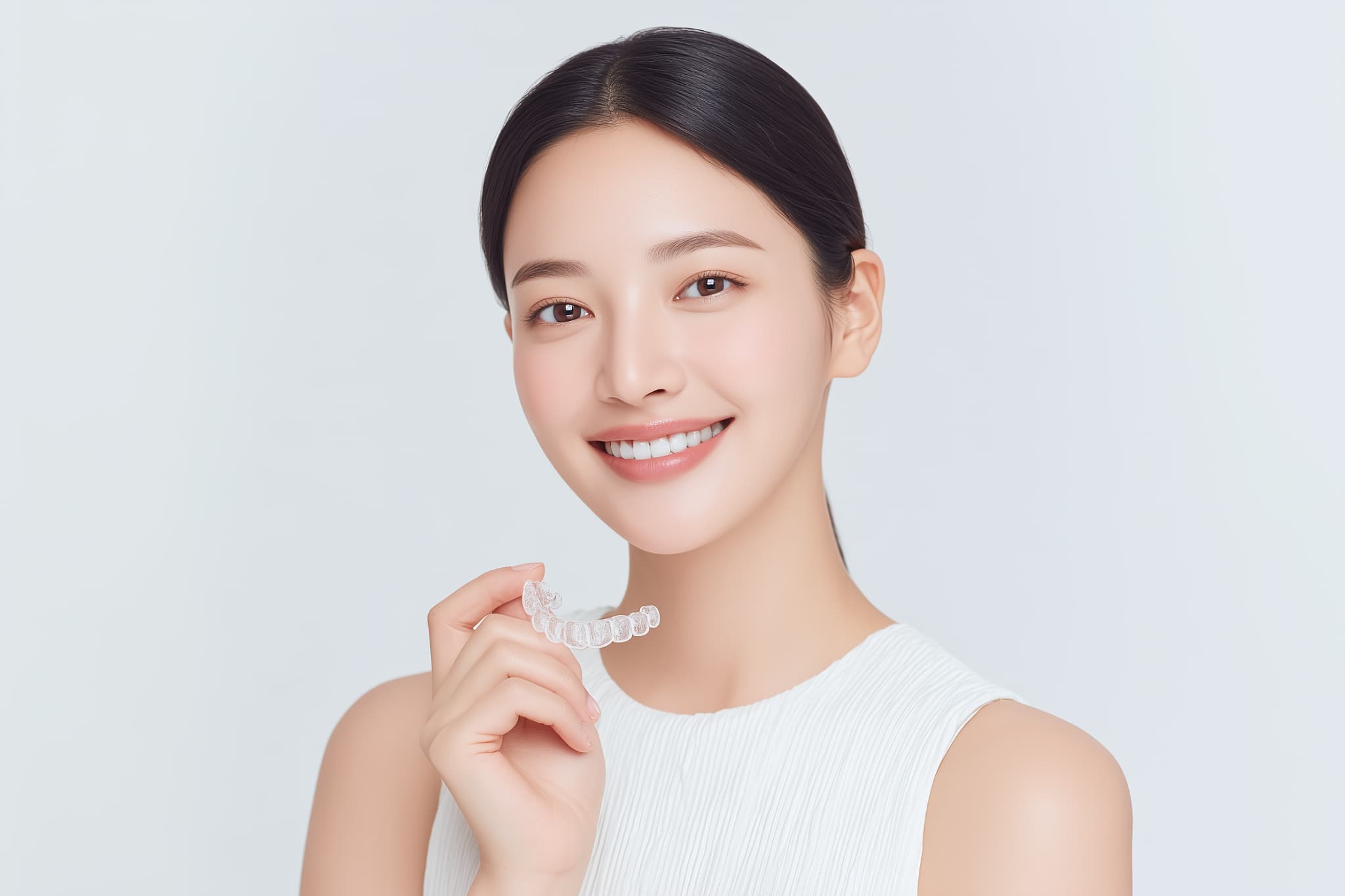 マウスピースを持ち微笑む若い女性