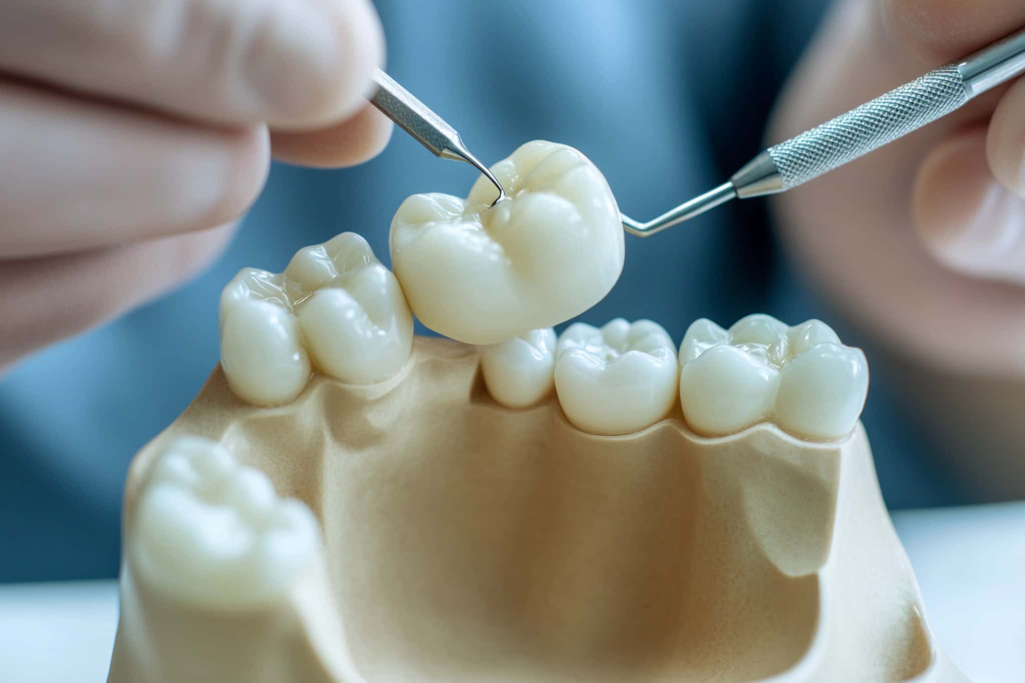 模型を使って奥歯をセラミックの歯にする施術の説明をする歯科医