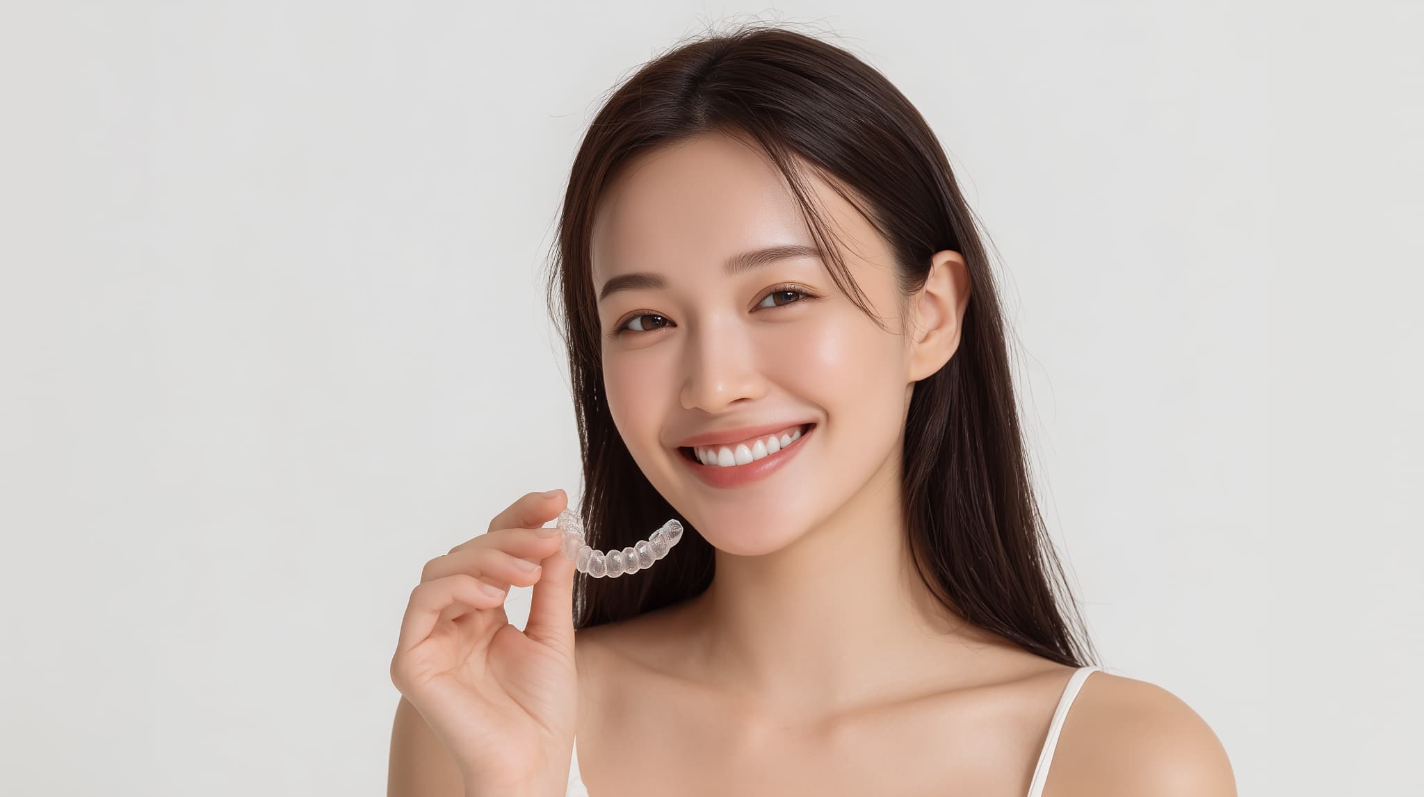 マウスピース矯正で歯列が整い笑顔になる女性