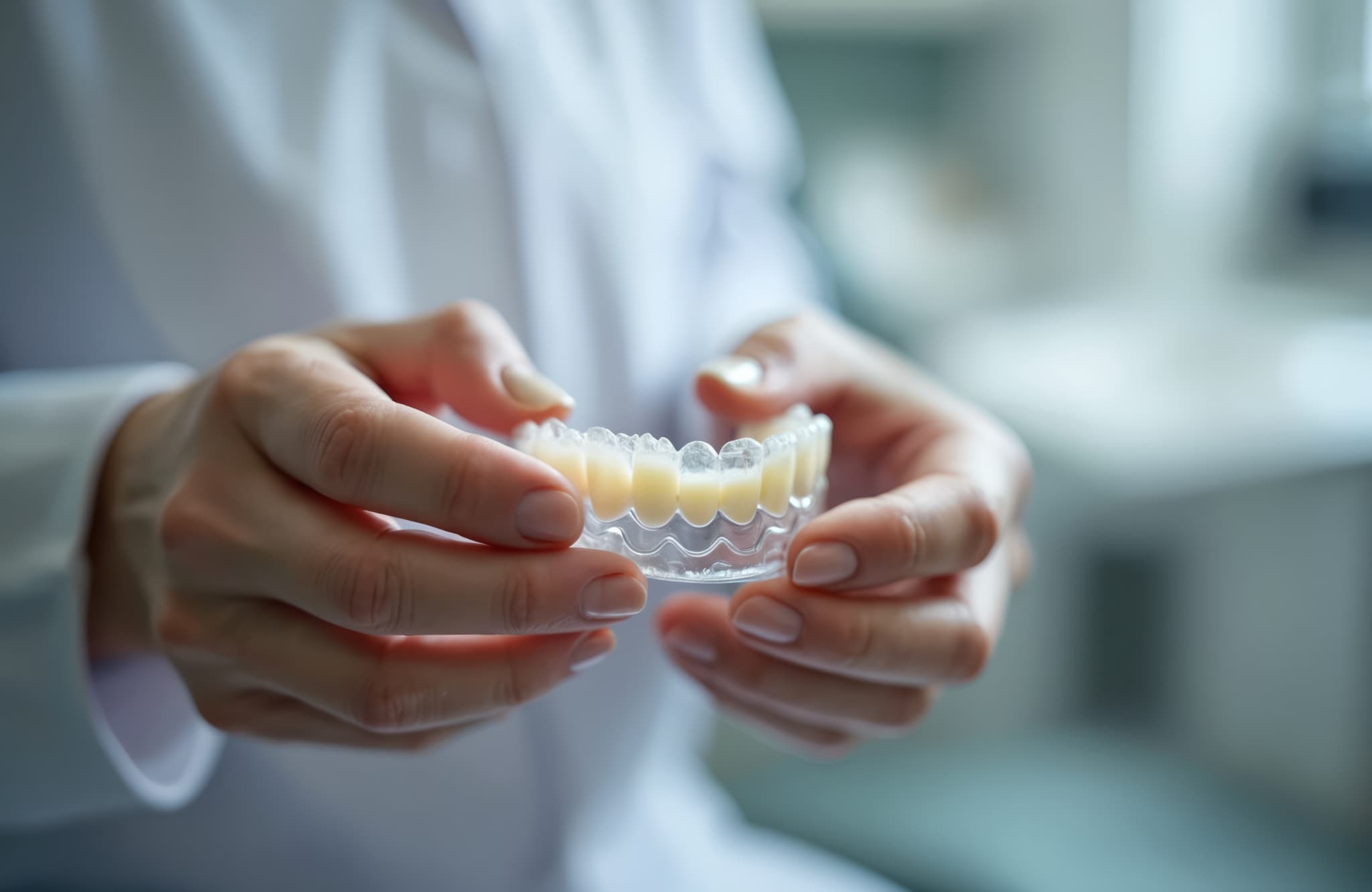 マウスピースが割れたため歯科医院に持参して見てもらう様子