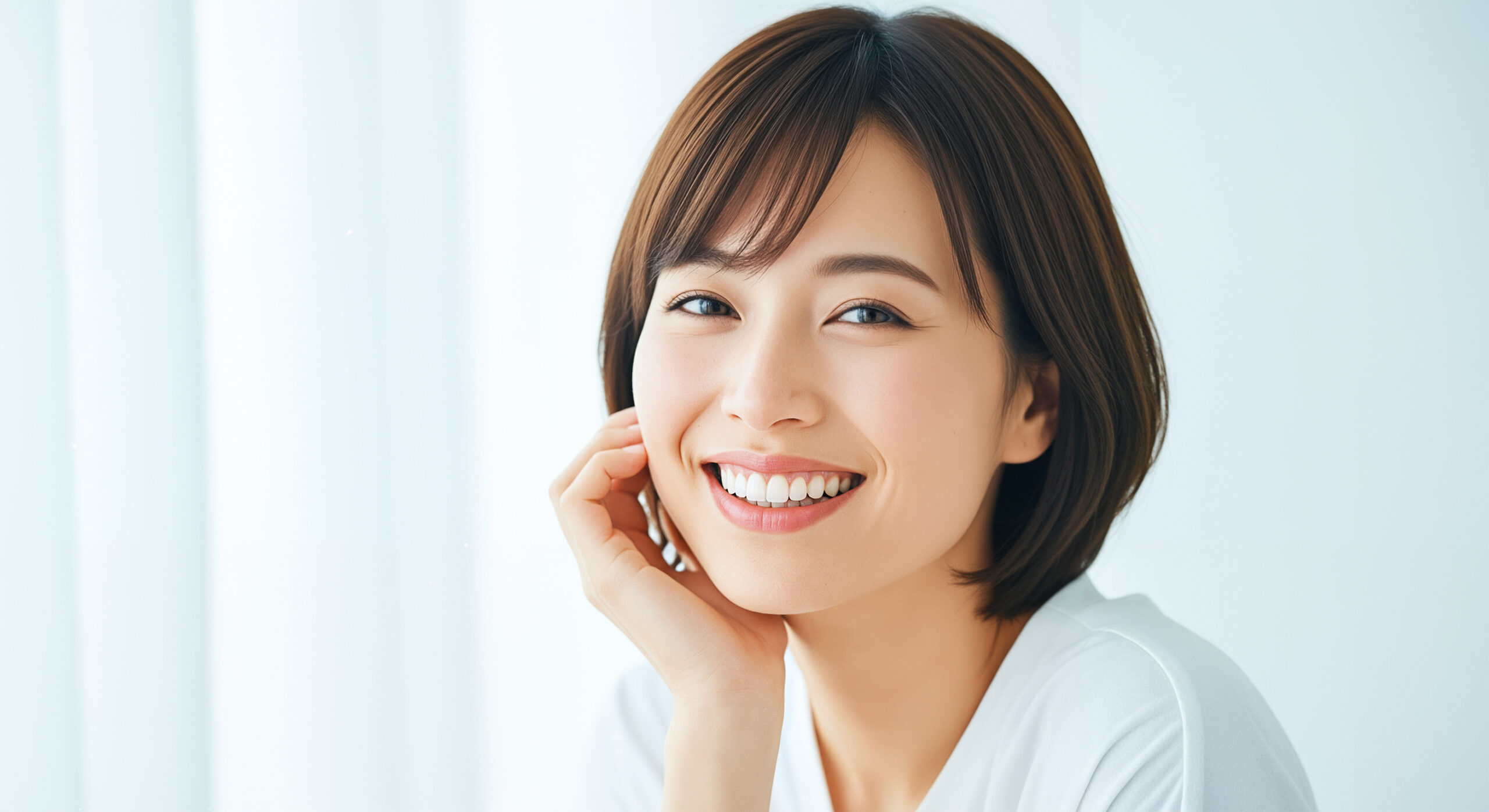 受け口を治療した綺麗な歯並びで笑う女性